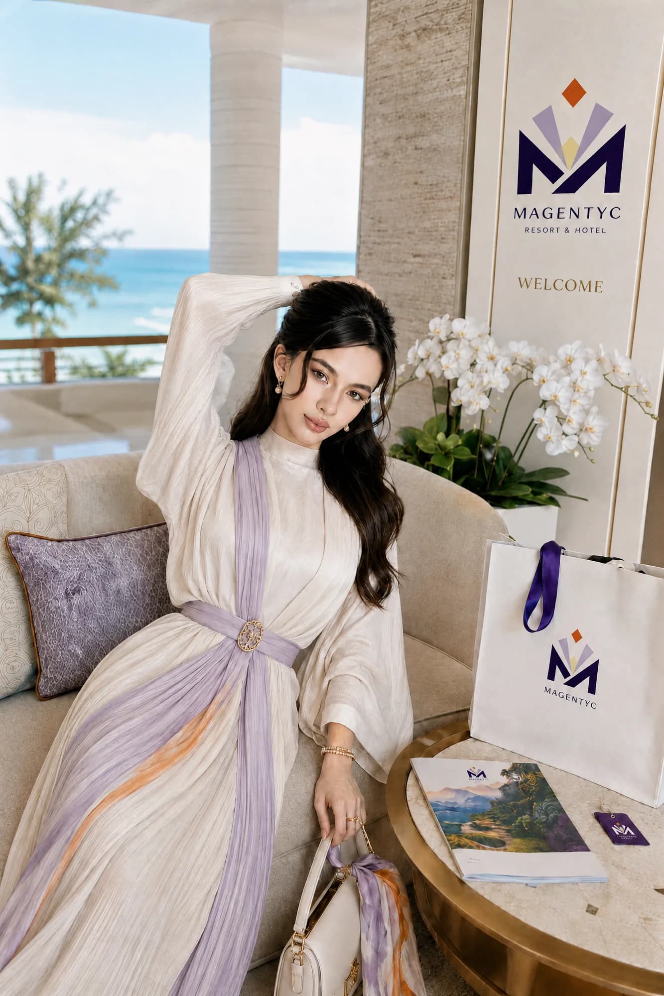 A guest relaxing in a sunlit hotel lounge beside a Magentyc welcome sign