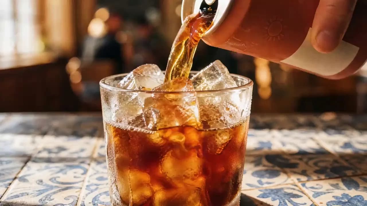 Cold brew pouring from a terracotta can into a glass of ice, lit amber by the sun