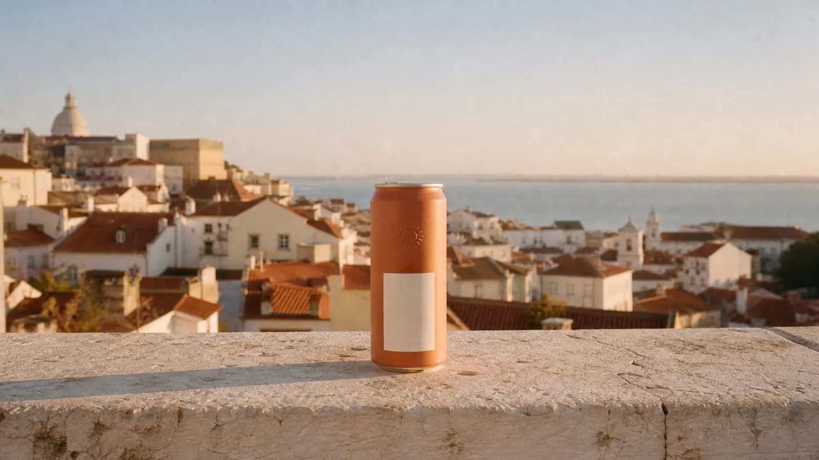 The terracotta can alone on a whitewashed windowsill above the rooftops of Lisbon at golden hour