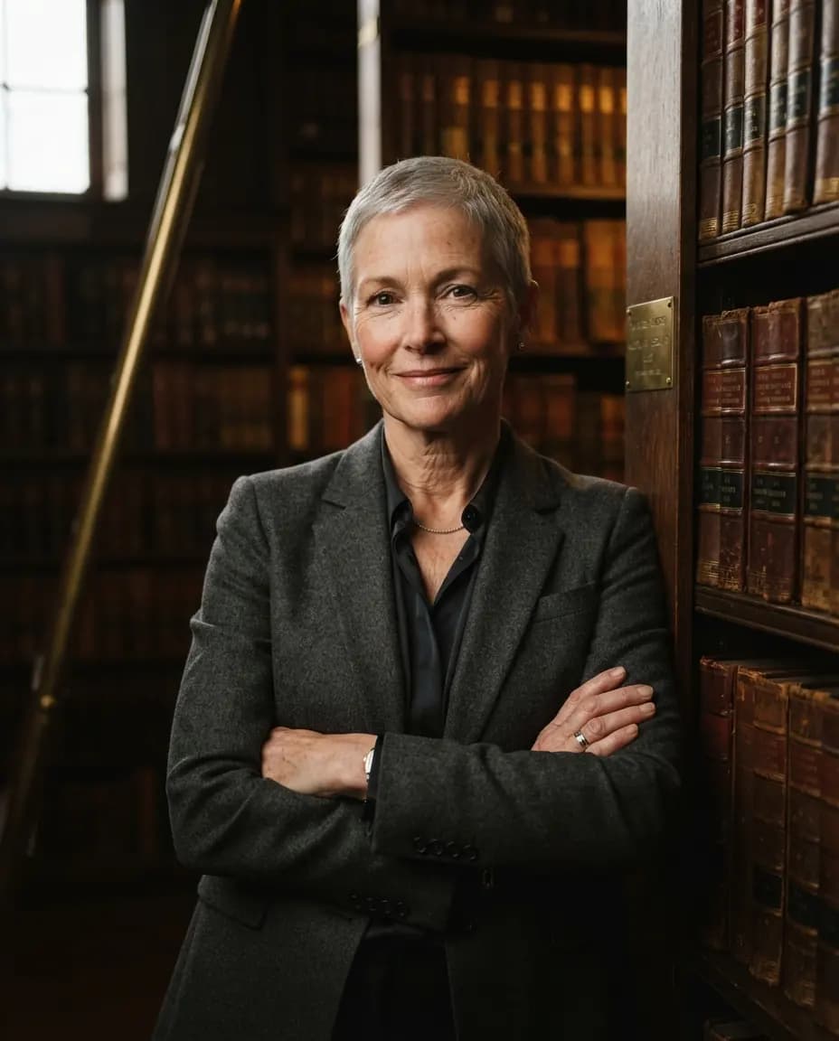A silver-haired lawyer with folded arms smiling among shelves of leather-bound law books
