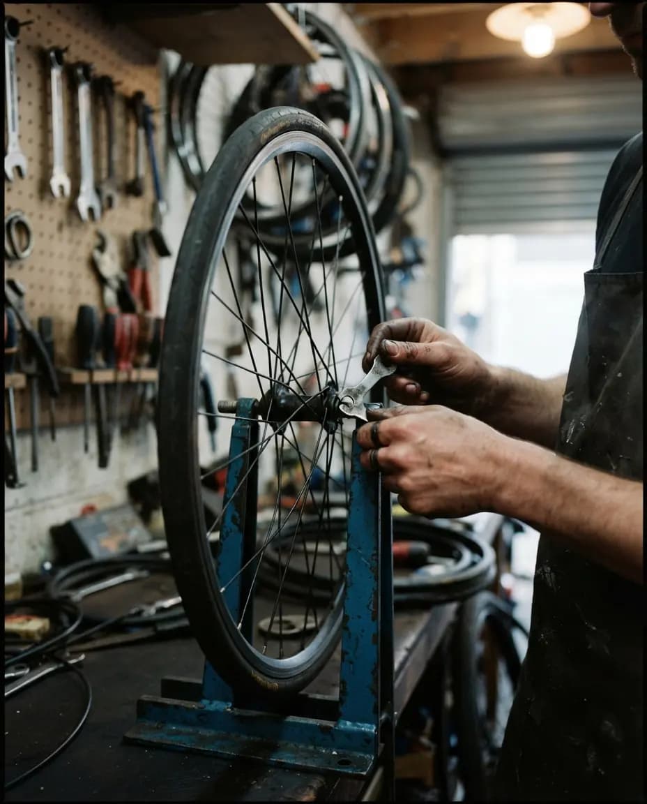 A mechanic with greasy hands truing a road bike wheel in a blue stand in a cluttered workshop