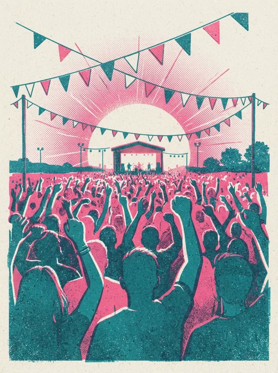 A pink and teal risograph poster of a festival crowd with raised arms facing a stage at sunset