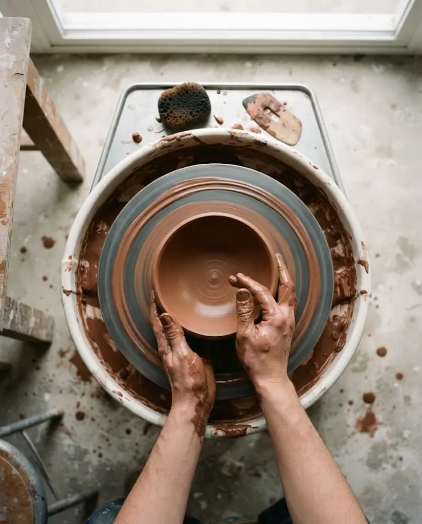 Clay-covered hands shaping a terracotta bowl on a pottery wheel, seen from above