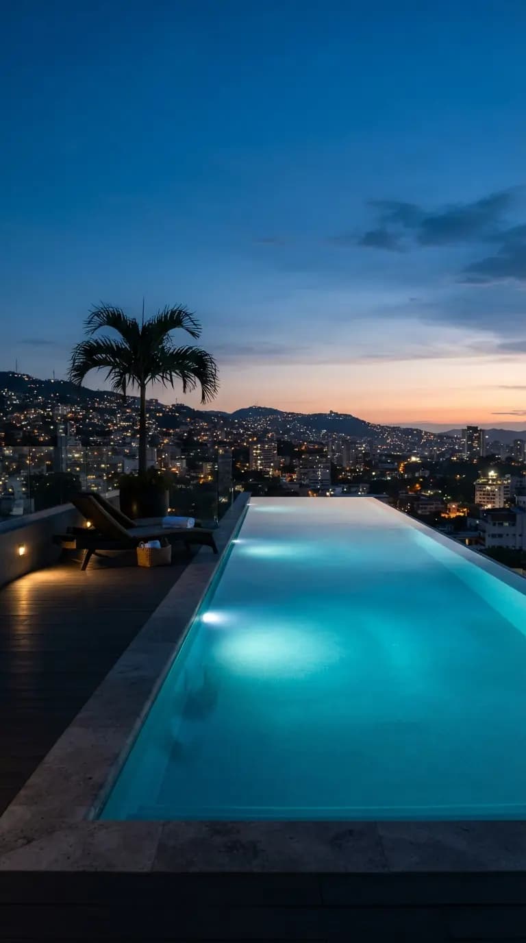 A rooftop infinity pool glowing turquoise at blue hour above the lights of a hillside city