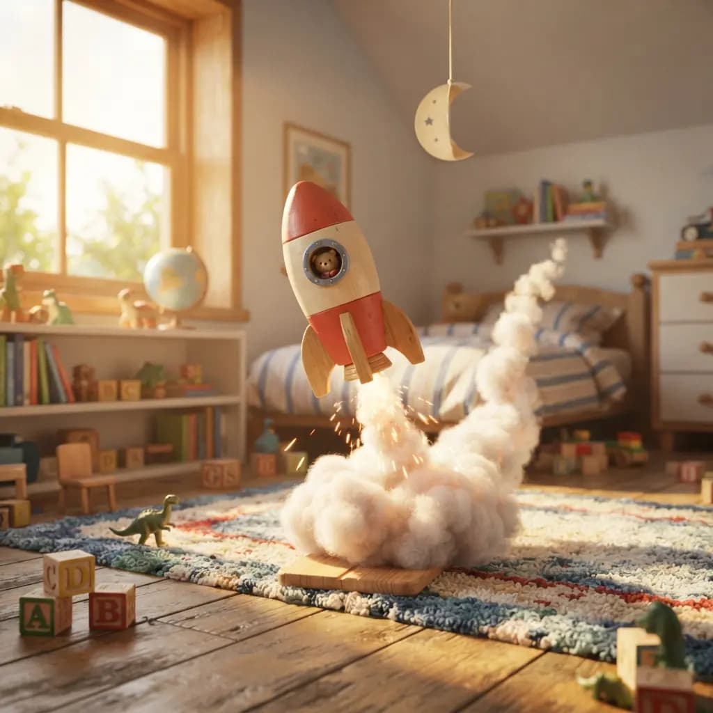 A 3D animated wooden toy rocket lifting off a bedroom rug on a puff of cotton-wool smoke