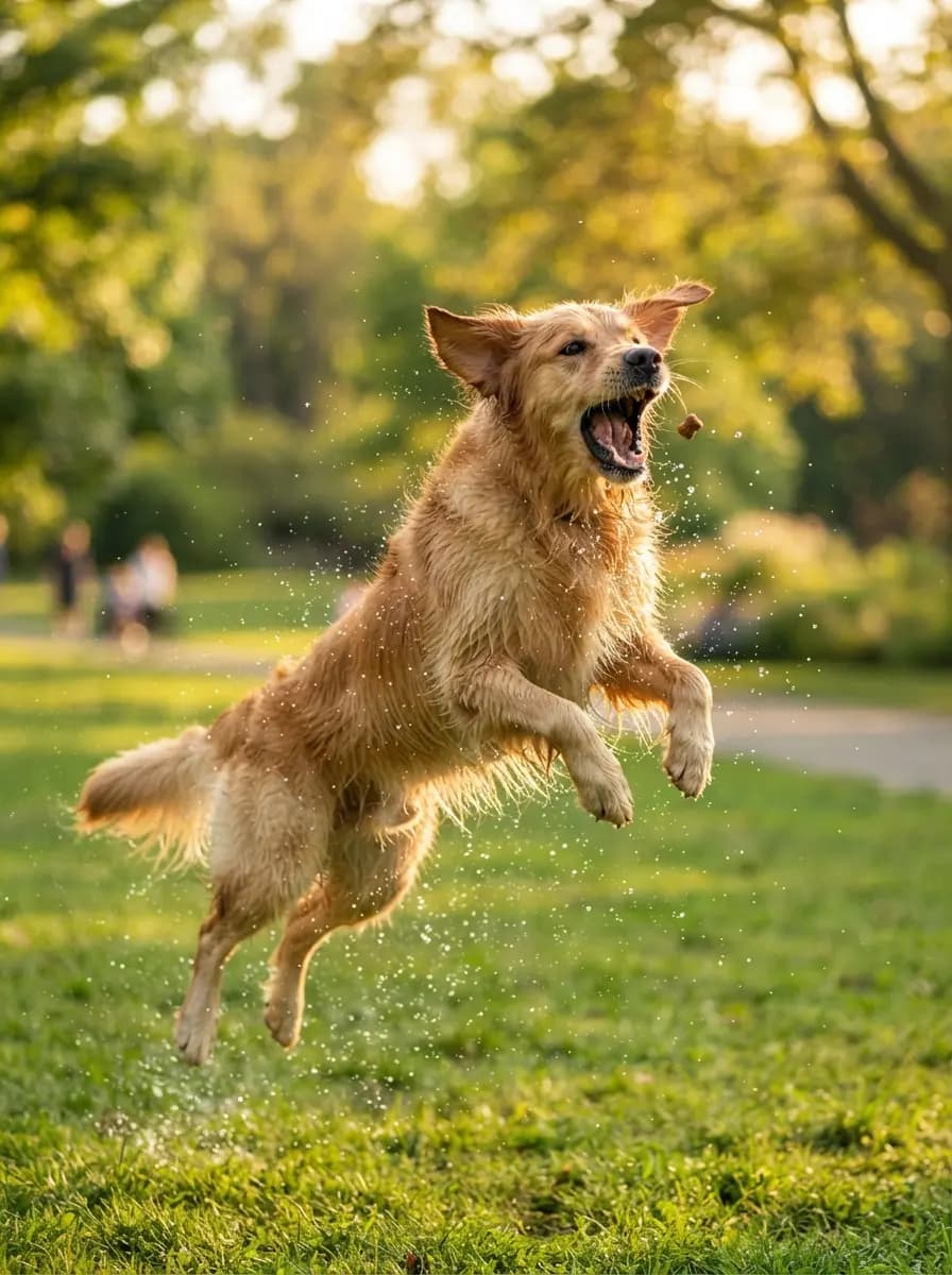 A golden retriever leaping in a sunlit park to catch a treat, water flicking off its coat