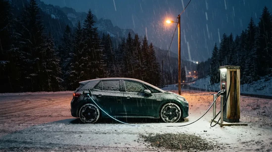 A green electric car charging at a lone roadside post in falling snow at night