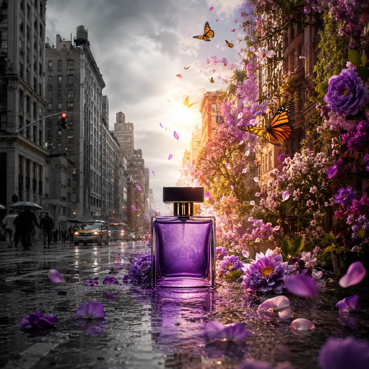 The same fragrance bottle on a rain-soaked city street spilling violet flowers