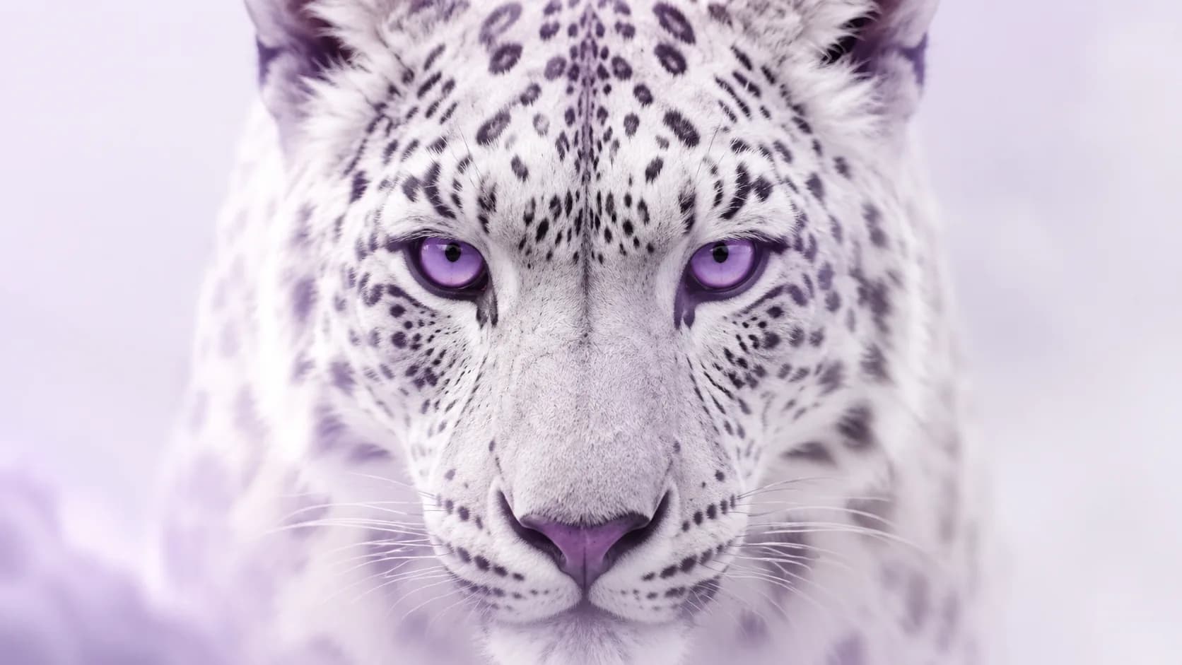 A snow leopard with violet eyes against a pale lavender haze