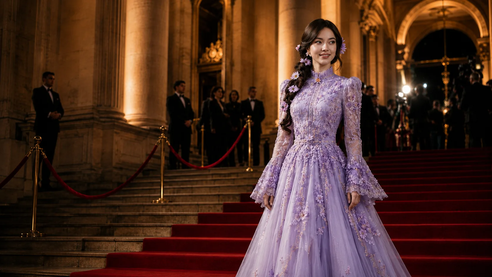 Cinematic red carpet campaign concept with a formally dressed woman at a museum gala