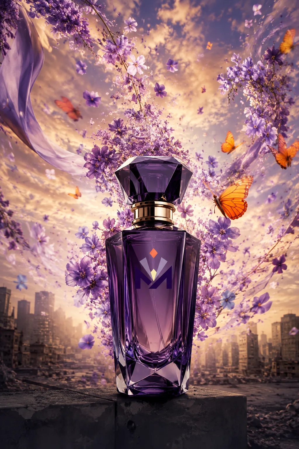 Fragrance bottle in a pool of light
