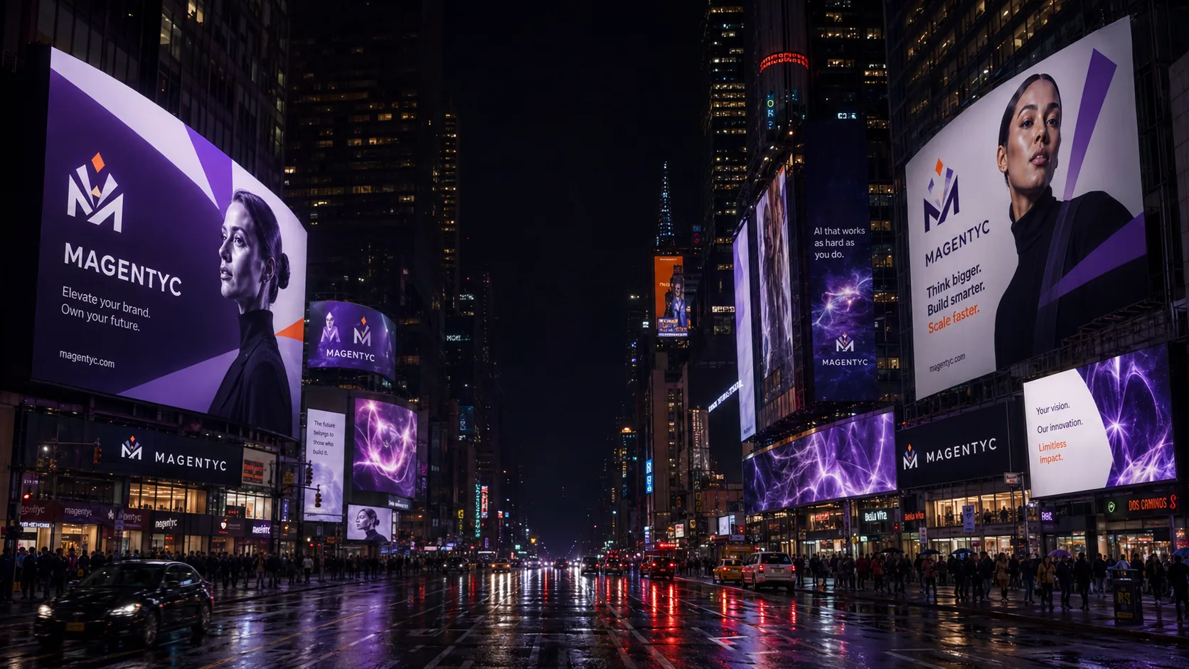 A coordinated campaign appearing across a city at blue hour